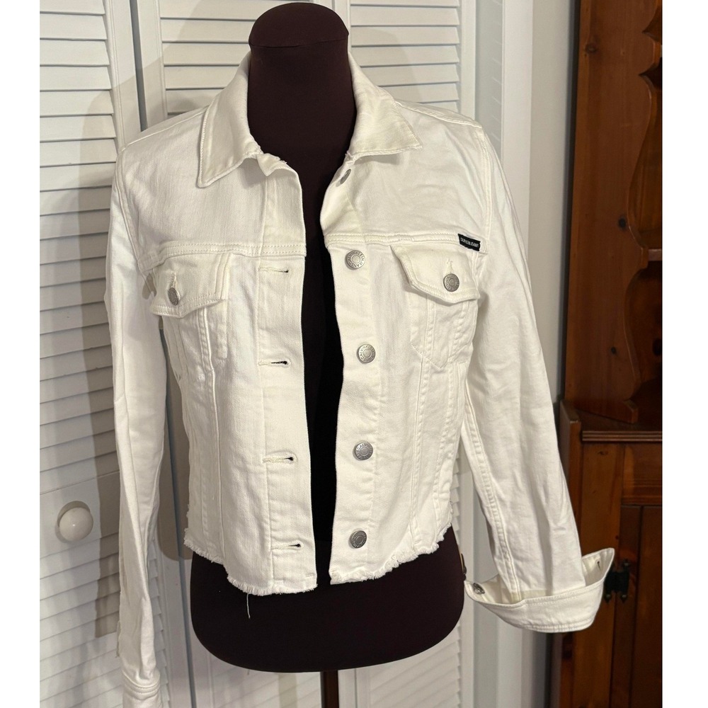 Calvin Klein Jeans White Denim Jacket Raw Hem Womens Medium Button Up Trucker